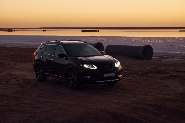 Distant view of modern black automobile that is on the coast